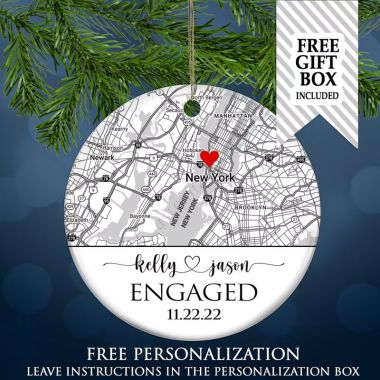 Engagement Map Ornament , Personalized Engagement Gift for Couple